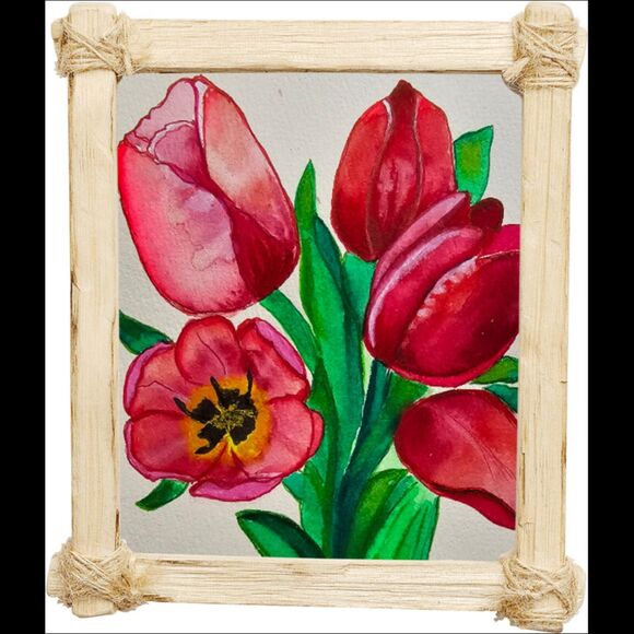 Tulips Watercolor Flowers Tulip Painting Colorful Original Art Gift Idea 6x8.5 - Picture 4 of 6